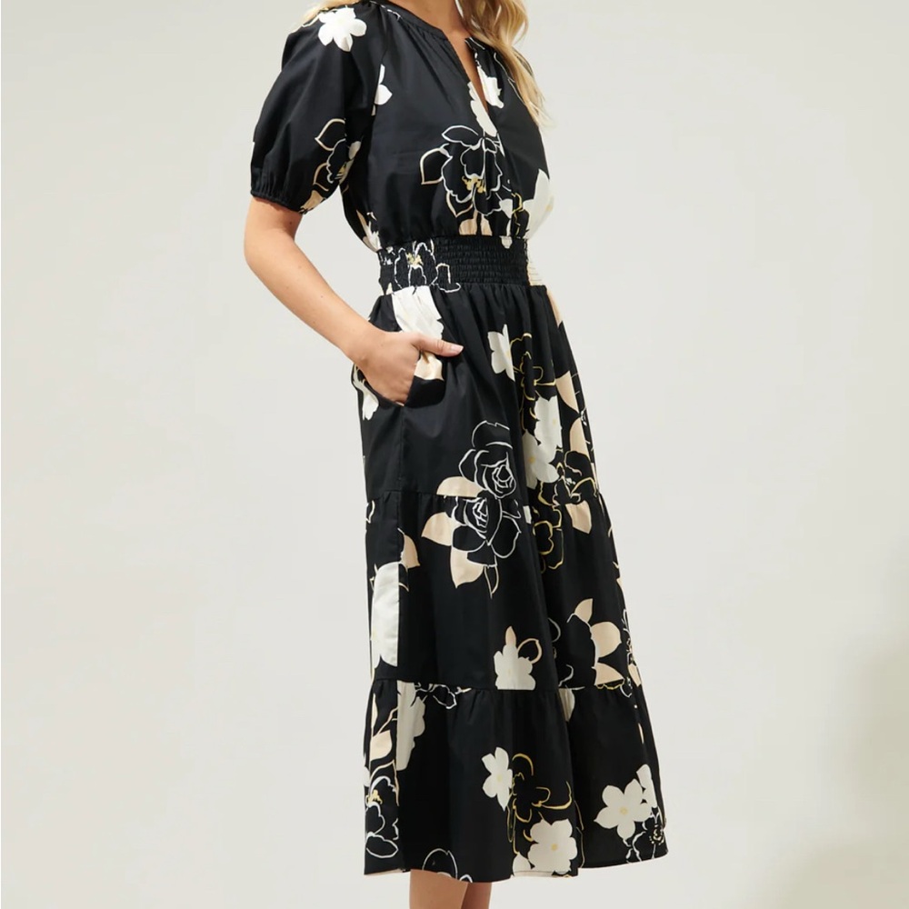 Sugarlips Cairan Rose Hacienda Puff Sleeve Midi Dress